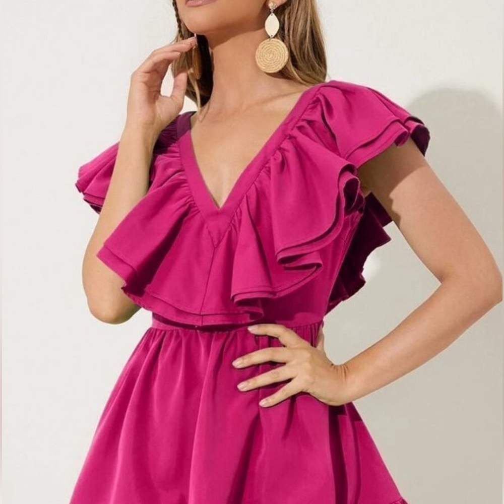 Pink Boho Womens Two Layered Trim Ruffle Hem Dress